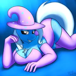 Size: 1920x1920 | Tagged: anthro, artist:devs-iratvs, big breasts, breasts, busty trixie, cleavage, clothes, derpibooru import, evening gloves, female, gloves, prone, solo, solo female, suggestive, trixie, wand