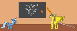 Size: 1024x414 | Tagged: safe, artist:killerbug2357, derpibooru import, trixie, oc, oc:katherine, alicorn, pony, 1000 hours in ms paint, alicorn oc, chalk, chalkboard, easy, magic, math, ms paint, telekinesis