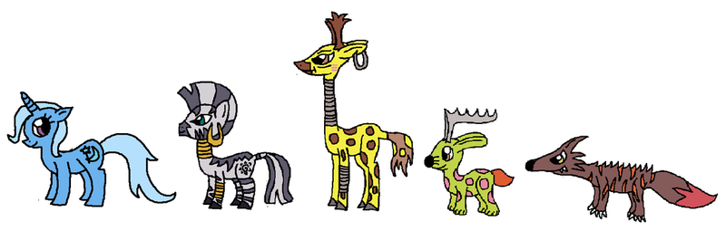 Size: 1024x326 | Tagged: safe, artist:killerbug2357, derpibooru import, trixie, zecora, giraffe, jackalope, pony, unicorn, wolf, zebra, 1000 hours in ms paint, female, mare, ms paint, simple background, white background