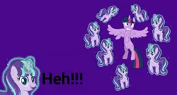 Size: 1024x552 | Tagged: safe, artist:tba020102tba, derpibooru import, starlight glimmer, twilight sparkle, twilight sparkle (alicorn), alicorn, pony, unicorn, the cutie re-mark, adorawat, cute, female, frown, glimmerbetes, glowing horn, gritted teeth, happy, heh, levitation, magic, mare, multeity, open mouth, purple background, self-levitation, simple background, smiling, starlight cluster, telekinesis, this will end in communism, wat, wide eyes