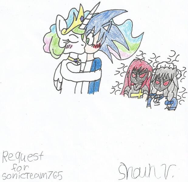 Size: 1619x1570 | Tagged: safe, artist:shawnventura, derpibooru import, princess celestia, anthro, human, crossover, erza scarlet, fairy tail, grayfia lucifuge, highschool dxd, humanized, image, jpeg, request, shipping, sonic the hedgehog, sonic the hedgehog (series), soniclestia