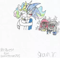 Size: 1619x1570 | Tagged: safe, artist:shawnventura, derpibooru import, princess celestia, anthro, human, crossover, erza scarlet, fairy tail, grayfia lucifuge, highschool dxd, humanized, image, jpeg, request, shipping, sonic the hedgehog, sonic the hedgehog (series), soniclestia