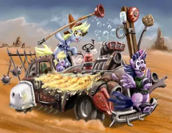Size: 790x611 | Tagged: safe, artist:henbe, derpibooru import, derpy hooves, dinky hooves, twilight sparkle, twilight sparkle (alicorn), alicorn, pony, bit, bondage, bridle, car, colored, female, gag, mace, mad max, mad max fury road, mare, musical instrument, nitrous, nux, parody, plunger, soap bubble, supercharger, tack, tied up, trumpet, weapon, witnessed