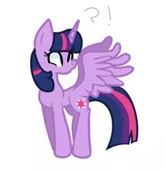 Size: 2621x2714 | Tagged: safe, artist:evielou5g, derpibooru import, twilight sparkle, twilight sparkle (alicorn), alicorn, pony, butt wings, exclamation point, female, interrobang, mare, question mark, simple background, solo, spread wings, white background, wings
