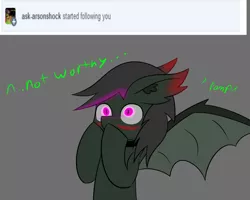 Size: 1280x1024 | Tagged: safe, artist:askhypnoswirl, derpibooru import, oc, oc:maraco arco, unofficial characters only, bat pony, pony, blushing, collar, glow, glowing eyes, pomf, surprised, text, tumblr, wingboner