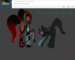 Size: 1280x1024 | Tagged: safe, artist:askhypnoswirl, derpibooru import, oc, oc:arson shock, oc:maraco arco, unofficial characters only, bat pony, pony, ask, collar, edgy, gem, glow, glowing eyes, glowing tongue, magic, tumblr