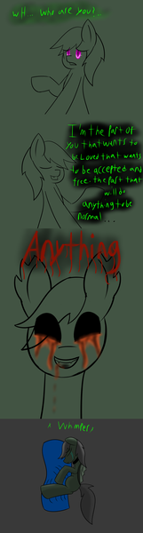 Size: 1280x4779 | Tagged: semi-grimdark, artist:askhypnoswirl, derpibooru import, oc, oc:maraco arco, unofficial characters only, bat pony, pony, blanket, collar, crying, curled, nightmare, text