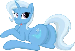 Size: 3000x2034 | Tagged: suggestive, artist:ravirr94, derpibooru import, trixie, pony, unicorn, both cutie marks, female, looking back, mare, plot, prone, simple background, solo, solo female, tongue out