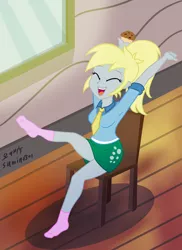 Size: 4794x6578 | Tagged: safe, artist:sumin6301, derpibooru import, derpy hooves, equestria girls, :d, absurd resolution, alternate hairstyle, chair, clothes, cute, derpabetes, eyes closed, food, happy, muffin, necktie, ponytail, raised leg, sitting, skirt, skirt lift, socks, solo