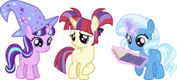 Size: 10318x4709 | Tagged: safe, artist:osipush, derpibooru import, moondancer, starlight glimmer, trixie, pony, unicorn, absurd resolution, alternate hairstyle, alternate universe, book, cute, dancerbetes, diatrixes, female, glimmerbetes, hat, magic, mare, pigtails, reading, role reversal, simple background, transparent background, trixie's hat, vector, wizard hat, younger