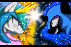 Size: 4950x3240 | Tagged: absurd resolution, artist:fairysearch, confrontation, derpibooru import, frown, grin, gritted teeth, horns are touching, magic, nightmare moon, princess celestia, safe