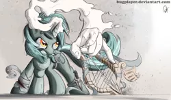 Size: 2000x1171 | Tagged: safe, artist:bugplayer, derpibooru import, lyra heartstrings, pony, unicorn, arrow, bandage, female, gritted teeth, hand, injured, knife, lyre, magic, mare, sheet music, solo