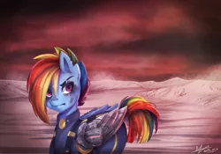 Size: 4459x3114 | Tagged: alternate timeline, apocalypse dash, artist:korinichi, clothes, crystal war timeline, derpibooru import, prosthetic limb, rainbow dash, safe, scar, solo, the cutie re-mark, torn ear, uniform