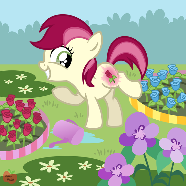 Size: 2000x1999 | Tagged: artist:pony-paint, cutiespark, dead source, derpibooru import, filly, garden, roseluck, safe, show accurate, solo