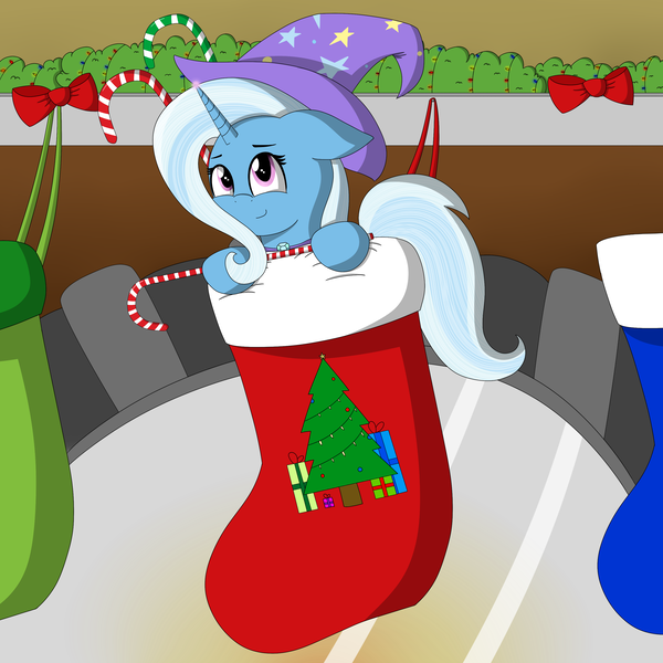 Size: 3000x3000 | Tagged: safe, artist:vanillaghosties, derpibooru import, trixie, pony, unicorn, candy, candy cane, christmas, christmas stocking, cute, diatrixes, female, food, mare, sock, solo, tiny