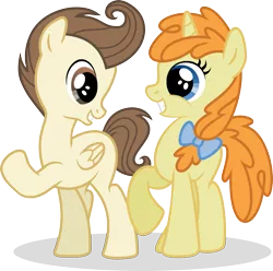 Size: 1989x1970 | Tagged: safe, artist:pony-paint, derpibooru import, pound cake, pumpkin cake, pegasus, pony, unicorn, brother and sister, cake twins, colt, female, filly, male, older, raised hoof, show accurate, siblings, smiling