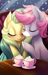 Size: 3300x5100 | Tagged: safe, artist:starshinebeast, derpibooru import, oc, oc:intrepid charm, oc:ocean pixel, unofficial characters only, aquapony, pony, unicorn, chocolate, female, food, hot chocolate, kiss on the cheek, kissing, male, seapegasus, snow, snowfall, straight, trail as a pony, winter