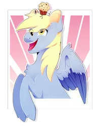 Size: 1024x1295 | Tagged: safe, artist:samandriilrf, derpibooru import, derpy hooves, pegasus, pony, abstract background, balancing, female, food, mare, muffin, solo