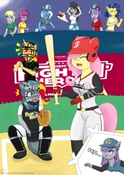 Size: 1420x2000 | Tagged: anthro, artist:jessesmash32, baseball, baseball bat, baseball cap, belly button, berry punch, berryshine, breasts, busty berry punch, busty derpy hooves, busty fluttershy, clothes, community related, derpibooru import, derpy hooves, evening gloves, eyes closed, female, flower, fluttershy, gloves, hat, helmet, major league baseball, marble pie, mare, maud pie, midriff, oc, oc:milky way, octavia melody, ouch, pitcher, plantigrade anthro, safe, starlight glimmer, sunset shimmer, them's fightin' herds, trixie