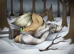 Size: 2600x1900 | Tagged: safe, artist:jadekettu, derpibooru import, applejack, earth pony, pony, clothes, female, finland, forest, gun, hooves, lying down, mare, one eye closed, prone, rifle, simo häyhä, sniper, sniper rifle, snow, solo, tree, war, weapon, white death, winter