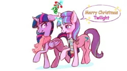 Size: 1024x573 | Tagged: safe, artist:naminzo, derpibooru import, starlight glimmer, twilight sparkle, twilight sparkle (alicorn), alicorn, pony, blushing, christmas, clothes, female, lesbian, mare, mistletoe, scarf, shipping, twistarlight