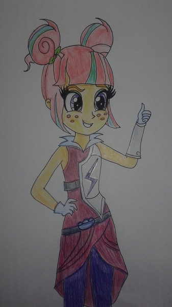 Size: 1404x2499 | Tagged: safe, artist:blazingdazzlingdusk, derpibooru import, sour sweet, equestria girls, friendship games, crystal prep shadowbolts, drawing, hand on hip, solo, thumbs up, traditional art