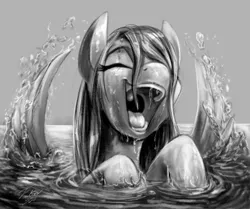 Size: 900x753 | Tagged: safe, artist:tsitra360, derpibooru import, fluttershy, pegasus, pony, cute, female, grayscale, happy, mare, monochrome, shyabetes, smiling, solo, splashing, swimming, water