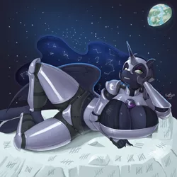 Size: 5000x5000 | Tagged: suggestive, artist:kevinsano, derpibooru import, nightmare moon, anthro, unguligrade anthro, absurd resolution, armor, big breasts, breasts, busty nightmare moon, earth, fangs, female, huge breasts, moon, solo, solo female, space, stupid sexy nightmare moon, unamused, unconvincing armor