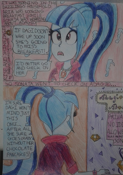 Size: 1471x2093 | Tagged: safe, artist:blazingdazzlingdusk, derpibooru import, adagio dazzle, aria blaze, sonata dusk, equestria girls, comic, drawing, rise and shine dagi, the dazzlings, traditional art