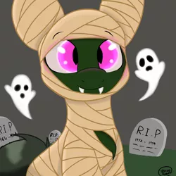 Size: 1280x1280 | Tagged: safe, artist:askhypnoswirl, derpibooru import, oc, oc:maraco arco, unofficial characters only, bat pony, ghost, pony, glow, glowing eyes, gravestone, graveyard, mummy, nightmare night