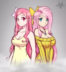 Size: 1754x1904 | Tagged: adorasexy, artist:scorpdk, breasts, busty fluttershy, cleavage, clothes, crossover, cute, derpibooru import, dress, female, females only, fluttershy, hair bow, human, humanized, looking at you, me!me!me!, sexy, shyabetes, smiling, suggestive, sweater, sweatershy
