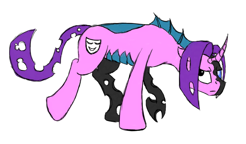 Size: 2649x1545 | Tagged: artist:rexlupin, derpibooru import, half changeling, magical lesbian spawn, oc, oc:fantom, offspring, parent:princess cadance, parent:queen chrysalis, parents:cadalis, safe, solo, sulking, unofficial characters only