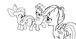 Size: 1600x817 | Tagged: apple bloom, artist:neversure, blushing, cutie mark crusaders, derpibooru import, female, lesbian, monochrome, scootaloo, shipping, sketch, suggestive, sweetie belle, sweetiebloom, tail seduce, wrong cutie mark