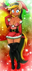 Size: 1152x2526 | Tagged: suggestive, artist:danmakuman, artist:ponyguy67, derpibooru import, oc, oc:help desk, unofficial characters only, anthro, unguligrade anthro, unicorn, anthro oc, boots, breasts, christmas, cleavage, clothes, dress, evening gloves, female, gloves, hat, high heel boots, high heels, panties, santa costume, santa hat, skirt, socks, solo, solo female, thigh boots, thigh highs, underwear, upskirt, zettai ryouiki