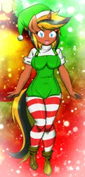 Size: 1302x2697 | Tagged: anthro, anthro oc, artist:danmakuman, artist:ponyguy67, boots, christmas, clothes, derpibooru import, elf, female, hat, high heels, oc, oc:help desk, overalls, socks, solo, solo female, striped socks, suggestive, tight clothing, tights, unguligrade anthro, unofficial characters only
