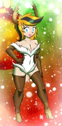 Size: 1363x2758 | Tagged: animal costume, antlers, artist:danmakuman, artist:ponyguy67, christmas, clothes, deer, derpibooru import, evening gloves, female, gloves, happy, high heel boots, high heels, human, humanized, humanized oc, leotard, oc, oc:help desk, reindeer, socks, solo, solo female, suggestive, thigh boots, thigh highs, unofficial characters only