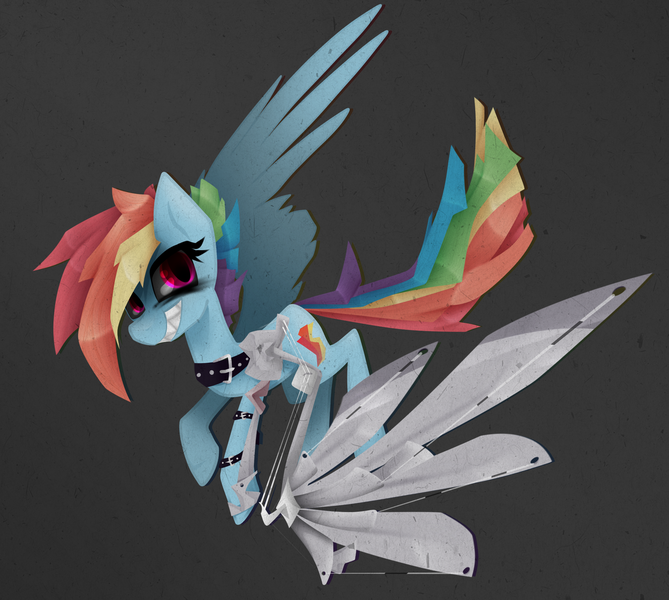 Size: 1280x1148 | Tagged: safe, artist:zmei-kira, derpibooru import, rainbow dash, pegasus, pony, alternate timeline, amputee, apocalypse dash, artificial wings, augmented, collar, crystal war timeline, dark background, female, grin, mare, prosthetic limb, prosthetic wing, prosthetics, smiling, solo, spiked collar, wings