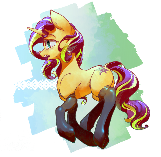 Size: 1038x1012 | Tagged: safe, artist:toki, derpibooru import, sunset shimmer, pony, unicorn, clothes, socks, sockset shimmer, solo