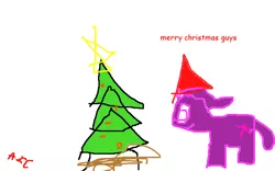 Size: 640x400 | Tagged: safe, artist:anoninchains, derpibooru import, twilight sparkle, pony, unicorn, 1000 hours in ms paint, christmas, christmas ornament, christmas star, christmas tree, comic sans, decoration, female, hat, holiday, mare, missing horn, ms paint, profile, santa hat, simple background, smiling, stars, tree, white background