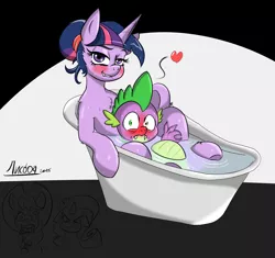 Size: 2680x2518 | Tagged: suggestive, artist:bylisboa, derpibooru import, spike, twilight sparkle, dragon, pony, unicorn, angry, bath, bathtub, bedroom eyes, blushing, caught, chest fluff, colored, dripping, female, hair bun, heart, jealous, looking at you, male, mare, observer, shipping, story included, straight, twispike, wide eyes