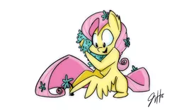 Size: 1280x801 | Tagged: artist:fluttershythekind, artist:josephvonhazard, colored, color edit, cute, derpibooru import, edit, flower, fluttershy, safe, shyabetes, simple background, smiling, solo, white background, wing hands, wing hold