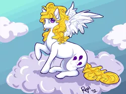 Size: 1041x780 | Tagged: artist:rajal, cloud, derpibooru import, g1, g1 to g4, generation leap, looking at you, messy mane, safe, sitting, solo, spread wings, surprise