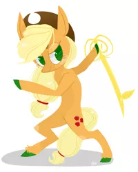 Size: 908x1133 | Tagged: safe, artist:jellybeanbullet, derpibooru import, applejack, pony, bipedal, hoof polish, key of honesty, keyblade, kingdom hearts, simple background, solo, weapon, white background