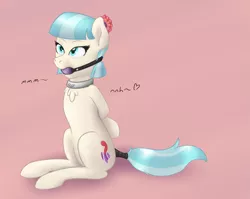 Size: 2461x1960 | Tagged: arm behind back, artist:magic-violet, ballgag, bdsm, bondage, coco pommel, collar, derpibooru import, gag, muffled moaning, slave, solo, suggestive, tail wrap