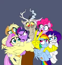 Size: 692x728 | Tagged: safe, artist:terry, derpibooru import, applejack, discord, fluttershy, pinkie pie, rainbow dash, rarity, twilight sparkle, twilight sparkle (alicorn), alicorn, pony, anatomically incorrect, female, group hug, hug, incorrect leg anatomy, mane six, mare, peace sign, terry you magnificent bastard