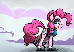 Size: 1754x1240 | Tagged: safe, artist:rambopvp, derpibooru import, pinkie pie, earth pony, pony, winter wrap up, female, ice skates, ice skating, mare, snow, solo, weather team, winter, winter wrap up vest