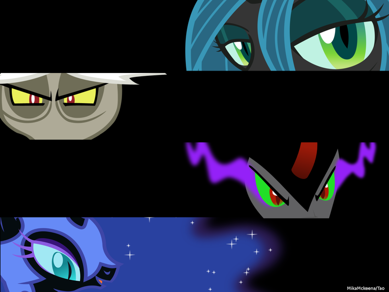 Size: 1600x1200 | Tagged: artist:bronyb34r, artist:lcpsycho, artist:luckysmores, artist:mikamckeena, artist:sapoltop, bars, black background, dem eyes, derpibooru import, discord, king sombra, nightmare moon, queen chrysalis, safe, simple background, vector, wallpaper