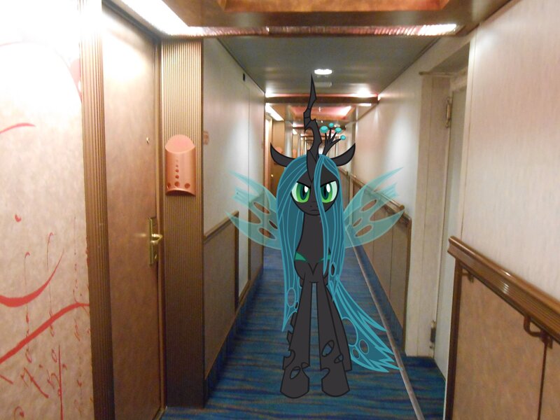 Size: 2272x1704 | Tagged: artist:oceanrailroader, artist:zantyarz, carpet, cruise ship, derpibooru import, doors, hallway, irl, looking at you, photo, ponies in real life, queen chrysalis, safe, vector