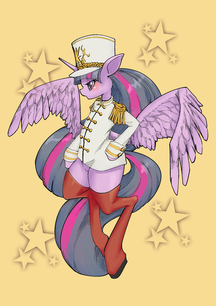 Size: 2039x2894 | Tagged: artist:unousaya, blushing, bottomless, butt wings, clothes, derpibooru import, featureless crotch, hat, long mane, marching band, marching band uniform, semi-anthro, sideways glance, solo, standing, stars, suggestive, twilight sparkle, twilight sparkle (alicorn), uniform, waist wings