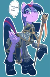 Size: 1300x2000 | Tagged: safe, artist:cakewasgood, derpibooru import, owlowiscious, twilight sparkle, twilight sparkle (alicorn), alicorn, pony, archmage khadgar, clothes, crossover, female, khadgar, looking at you, mare, raised hoof, smiling, solo, staff, warcraft, world of warcraft